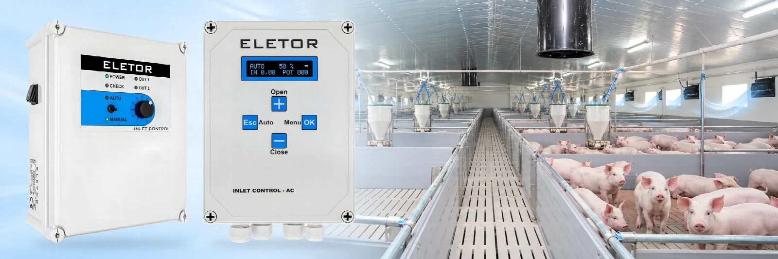 IC-DC50 · IC-AC — Power supply and air inlet control for pig barns.